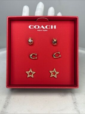 Coach Gold Tone Earring Trio with Pink  Stones and Star Accents w/ Dusty NWT